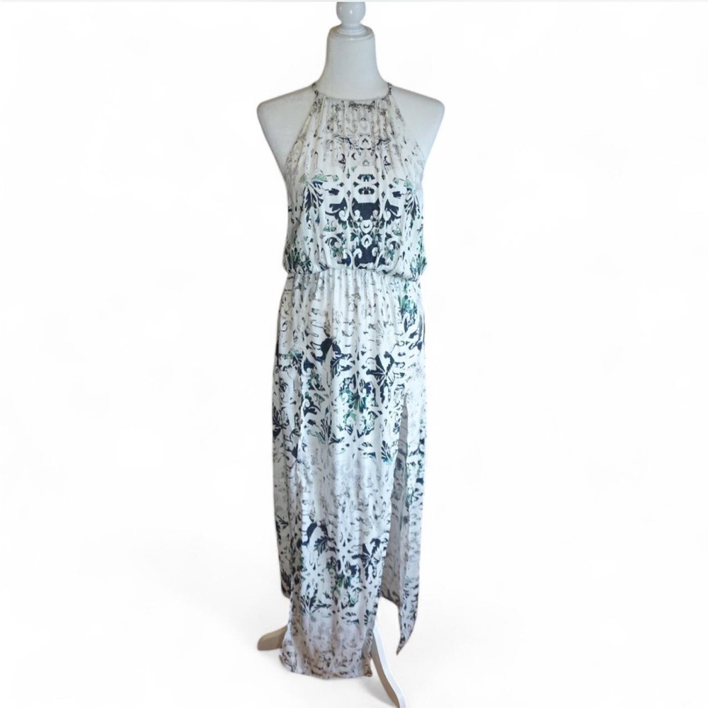 💚 BLUE LIFE High Neck High Slit Pattern Sleeveless Maxi Dress